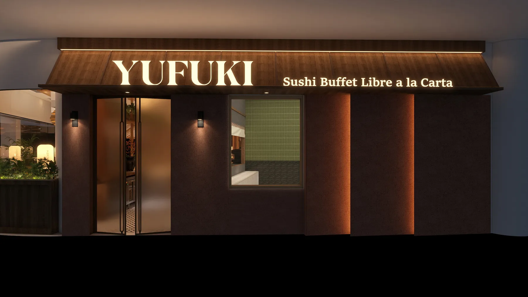Fachada nocturna de Yufuki