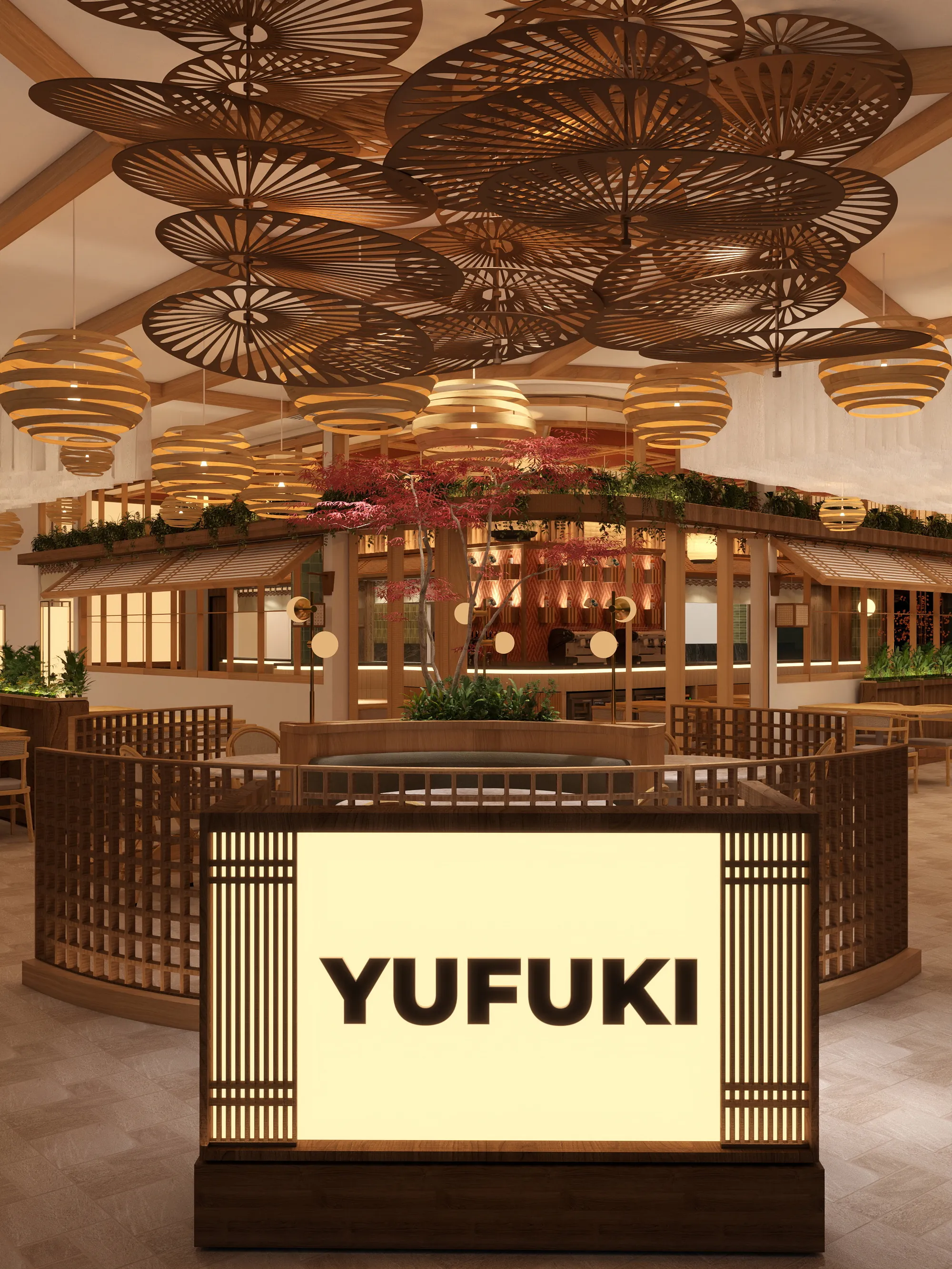 Sala principal de Yufuki: lámparas de madera, arce rojo y carpintería japonesa