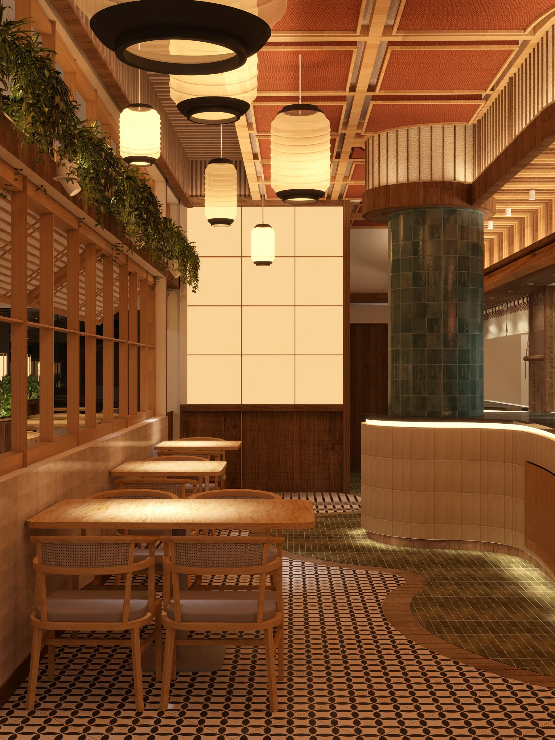 Sala principal con lámparas de madera y farolillos